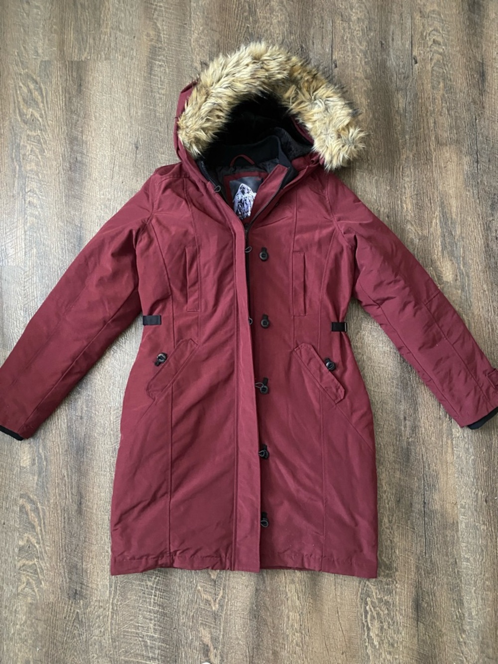 Bluenotes Maroon Hooded Puffer Parka with Faux-Fur Trim